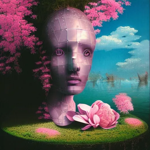 Prompt: award winning masterpiece with incredible details, alternative reality, milky way, liminal spaces, checkered pattern, David Friedrich, Zhang Kechun, a surreal vaporwave vaporwave vaporwave vaporwave vaporwave painting by Thomas Cole of an old pink mannequin head with flowers growing out, sinking underwater, highly detailed