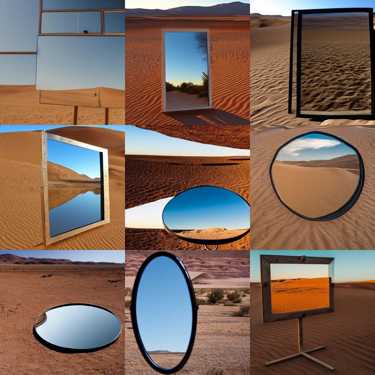 Prompt: a large mirror in the middle of the desert