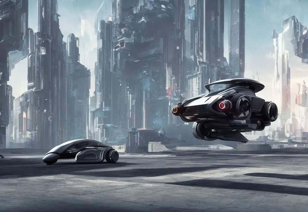 Image similar to octane render of new cyberpunk flying hover version of Renault sandero from 2077 in the city of future