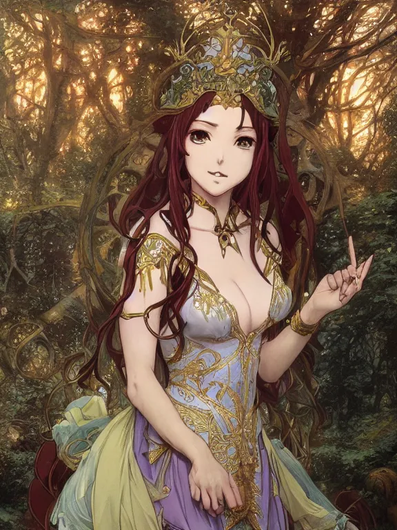 Image similar to anime key visual of amora the enchantress wearing a medieval gown!! intricate, magical forest, stunning, highly detailed, digital painting, artstation, smooth, hard focus, illustration, art by artgerm and greg rutkowski and alphonse mucha