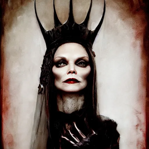 Image similar to portrait of Michelle Pfeiffer as evil vampire queen shoeing her sharp teeth wearing a dark crown by Tom Bagshaw and Guy Denning