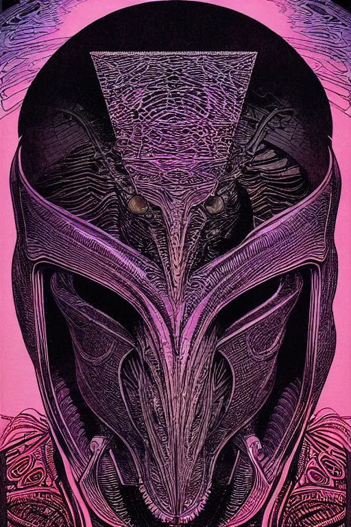 Prompt: portrait of black and psychedelic grainshading print by moebius, richard corben, wayne barlowe, cyberpunk comic cover art, psychedelic triangular skeleton, very intricate, thick outline, full body, symmetrical face, long black crown, in a shapes background, galactic dark colors