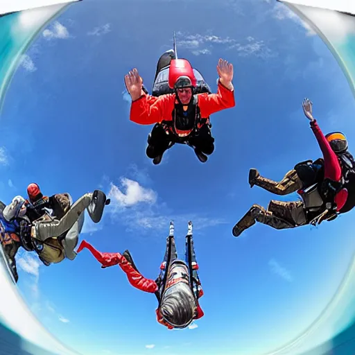 Image similar to corpulent trucker skydiving, fisheye lens