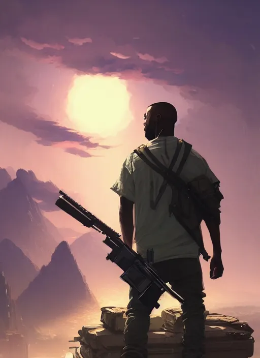 Image similar to highly detailed portrait kanye holding ak 4 7 in gta v stephen bliss unreal engine fantasy art by greg rutkowski loish rhads ferdinand knab makoto shinkai lois van baarle ilya kuvshinov rossdraws tom bagshaw global illumination radiant light detailed intricate environment