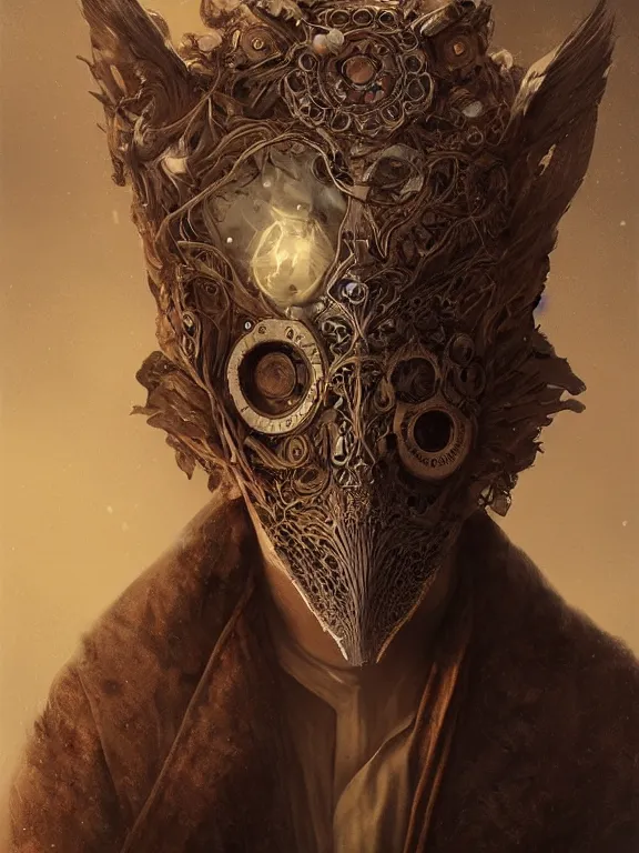 Prompt: a ultradetailed beautiful portrait of a strange human, hiding his face with an intricate wooden mask of an owl, high resolution 4 k, by tom bagshaw, greg rutkowski, charli bowater