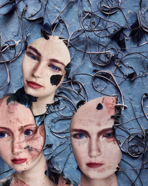 Prompt: technological, different women's faces, cut and paste collage, dead flowers, burnt, blue glow, 2 0 5 0 s, hypnotized, cold texture, steel, dystopian, serene emotions