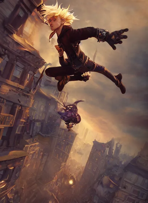 Image similar to An epic fantasy comic book style portrait painting of a young blonde boy thief flying out of a steampunk city, unreal 5, DAZ, hyperrealistic, octane render, cosplay, RPG portrait, dynamic lighting