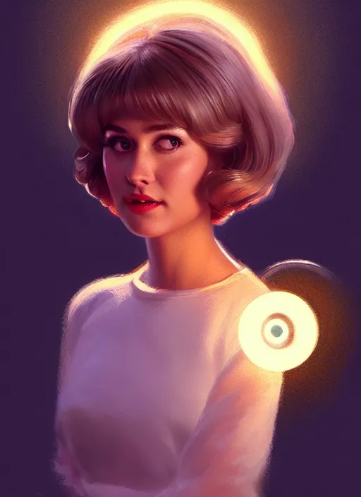 Image similar to portrait of betty cooper with fluffy bangs, bangs, 1 9 6 0 s, ponytail, curly bangs and ponytail, rounder face, intricate, elegant, glowing lights, highly detailed, digital painting, artstation, concept art, smooth, sharp focus, illustration, art by wlop, mars ravelo and greg rutkowski