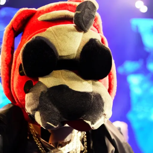 Image similar to snoop dog wearing a fursuit without the head mask at a furry convention, 4 k flash photography