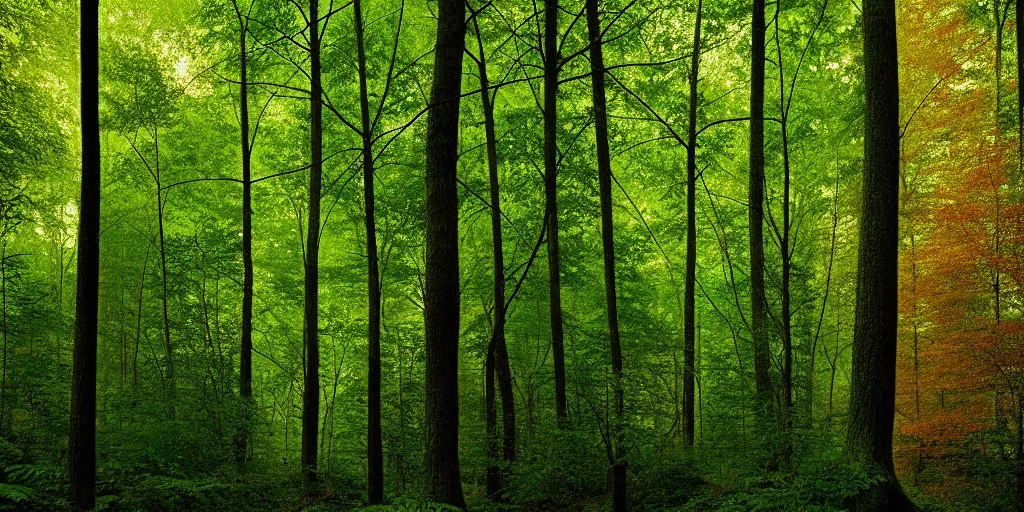 Image similar to lush american broadleaf deciduous forest, against light, glare, bright details, contrasting, daylight, highly detailed, by dieter rams 1 9 9 0, national geographic magazine, reportage photo, natural colors