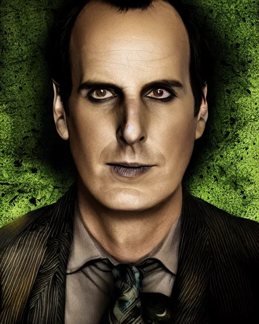 Image similar to Will Arnett as Beetlejuice, makeup, dark green hair, cinematic lighting, 4k photograph