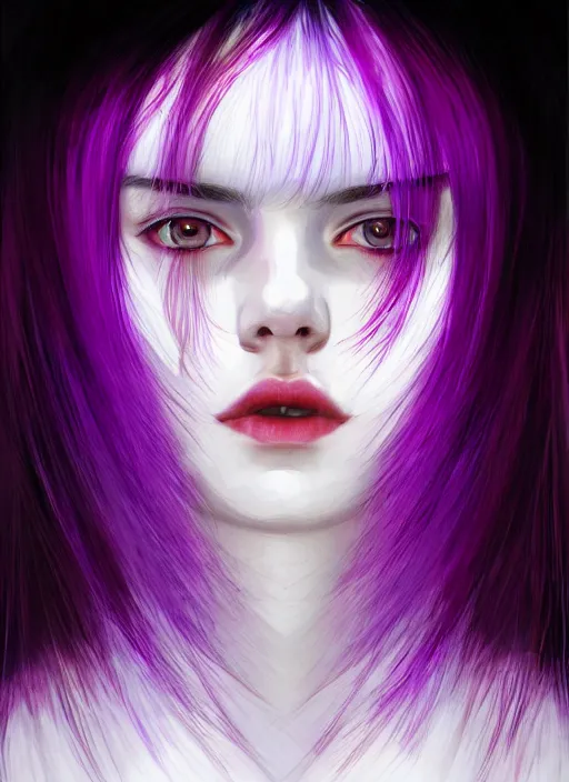 Image similar to hair whitebangs hair, black hair, whitebangs, portrait of teenage girl with white bangs, red irises, purple clothes, white bangs, bangs are different color from hair, intricate, elegant, glowing lights, highly detailed, digital painting, artstation, concept art, smooth, sharp focus, illustration, art by wlop, mars ravelo and greg rutkowski