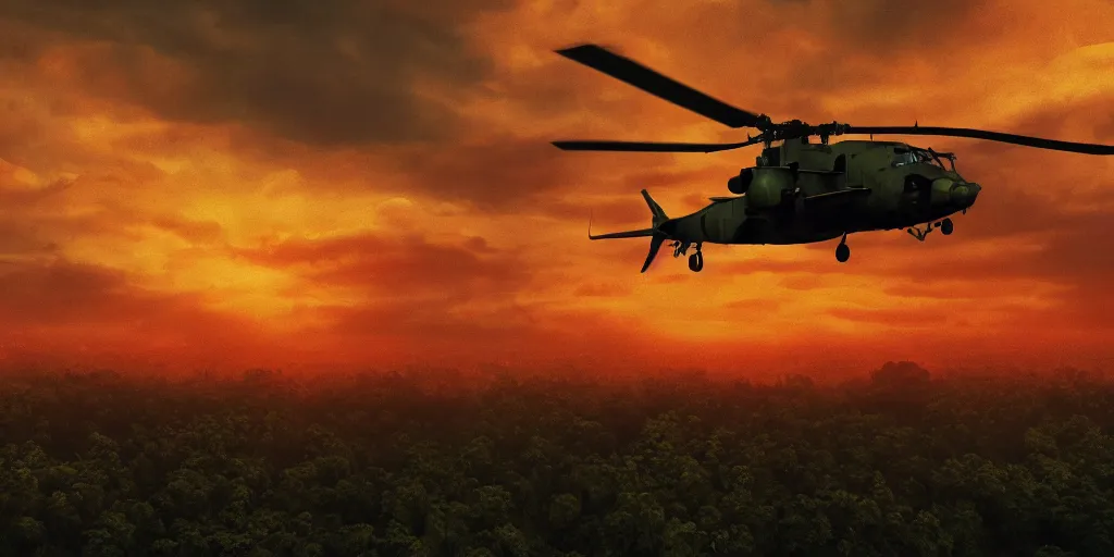 Image similar to Painting of vietnam Huey Helicopters, above a forest, orange sun set, abstract, realism, high details, glow, far, distance, over the horizon, drawn, 8k, octane render, 3D