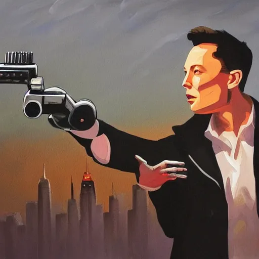 Prompt: a beautiful complex painting of a robot pointing a gun at elon musk the background is the street of new york
