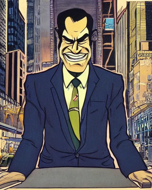 Prompt: portrait, center focus, sinister smug male antagonist in suit, uptown finance city street, artwork by ralph bakshi