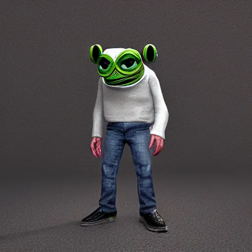 Image similar to perfectly accurate miniature figure of pepe the frog wearing jeans and a black leather jacket, soft textures, skin texture, clothing, 3d sculpture, textured, fine detail, lifelike, photo, high resolution, octane render, post processing, after effects, trending on artstation