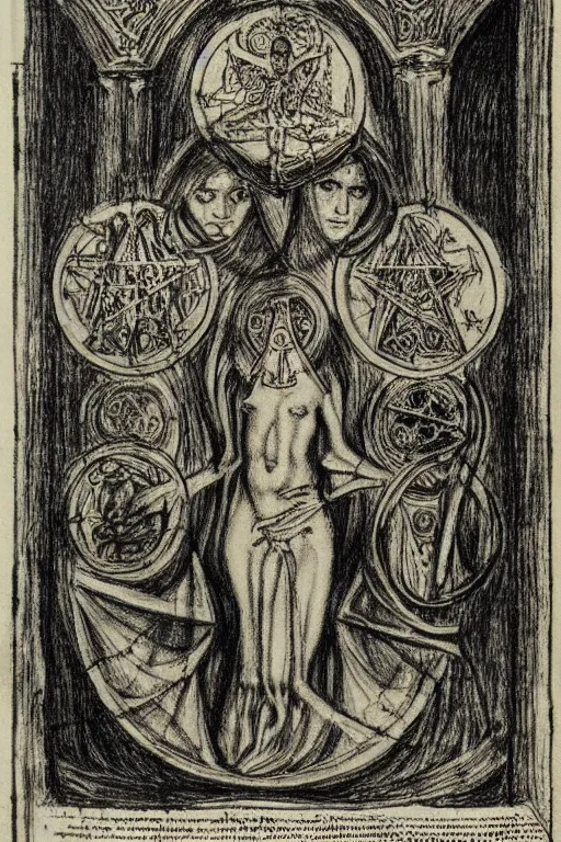 Image similar to realistic medieval etching of ceremonial magick, high detail, elaborate composition, quality draughtmanship, detailed faces. by austin osman spare, occult art, alchemical diagram