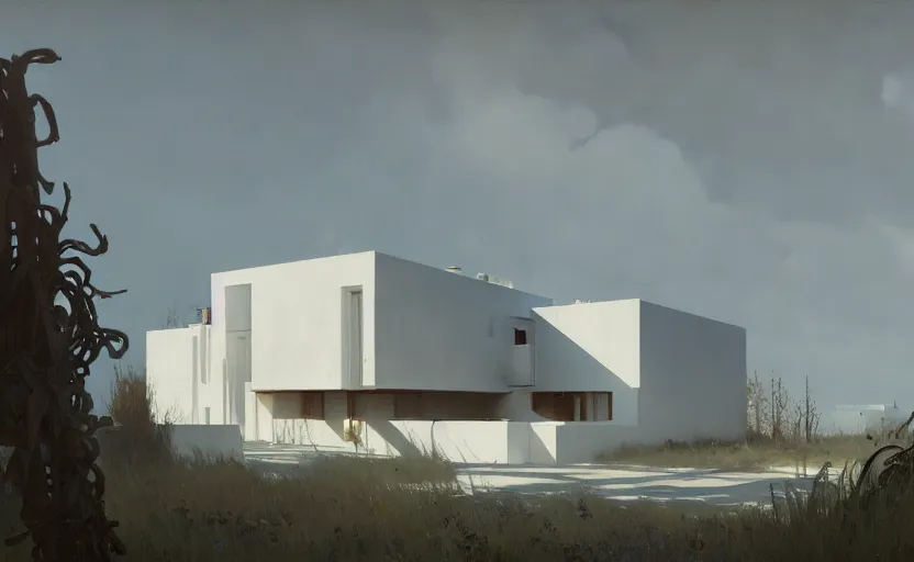 Image similar to painting of a wide angle exterior shot of a white modern architecture with cinematic lighting by peter zumthor, darek zabrocki and greg ruthkowski, alphonse mucha, simon stalenhag and cinematic and blue cold atmospheric, archillect concept art, artstation, trending on artstation