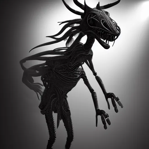 Prompt: surreal alien beast, contemporary abstract puppet, intricate details, volumetric light, epic composition, photorealistic octane render, black and white, by bauhaus