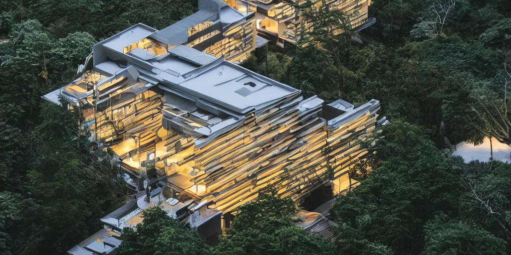 Prompt: Architectural photography of beautiful nature meets architecture concept of a residential house by Kengo Kuma, volumetric lighting,, luxury, high detail, 14mm, cinematic photography, high resolution