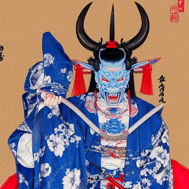 Prompt: a standing portrait of a male blue blue oni demon 鬼 👹 horns horns horns blue blue blue skin dressed as samurai 羽 織 haori kimono official portrait highly detailed, 4 k, hdr, smooth, sharp focus, high resolution, award - winning, illustrated by anne stokes, from sengoku period blue