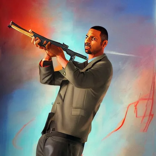 Image similar to a beautiful complex painting of cj from gta san holding a weapon