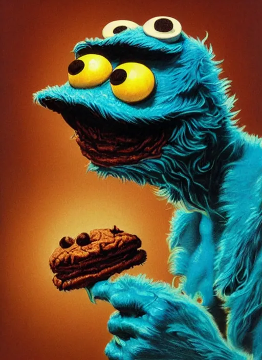 Image similar to portrait of Cookie Monster in Videodrome (1983), highly detailed, centered, solid color background, digital painting, artstation, concept art, smooth, sharp focus, illustration, artgerm, donato giancola, Joseph Christian Leyendecker, Les Edwards, Ed Repka, WLOP, Artgerm