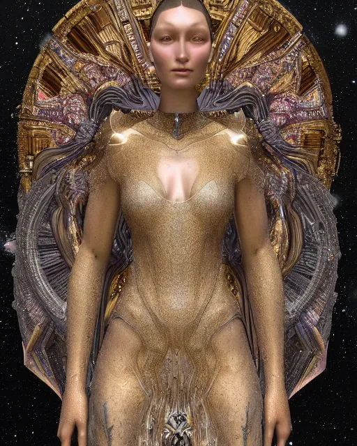 Image similar to a highly detailed metahuman 4 k close up render of an alien goddess bella hadid monument renaissance in iris van herpen dress schiaparelli in diamonds crystals swarovski and jewelry iridescent in style of alphonse mucha gustav klimt trending on artstation made in unreal engine 4