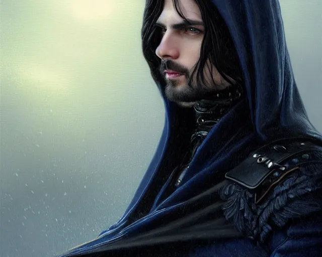 Image similar to handsome male face portrait, long black hair blue eyes wearing leather mantle gothic navy cloak with leather details, cliffside town, fantasy character portrait, ultrarealistic, intricate details, elegant, cinematic lighting, highly detailed, artstation, d & d art, cgsociety, sharp focus, beautiful digital painting by artgerm, gerald brom, wlop, alphonse mucha