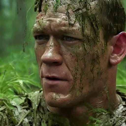 Image similar to film still of john cena as major dutch, covered in mud, hiding from the predator a few feet away from him in swamp scene in 1 9 8 7 movie predator, hd, 8 k