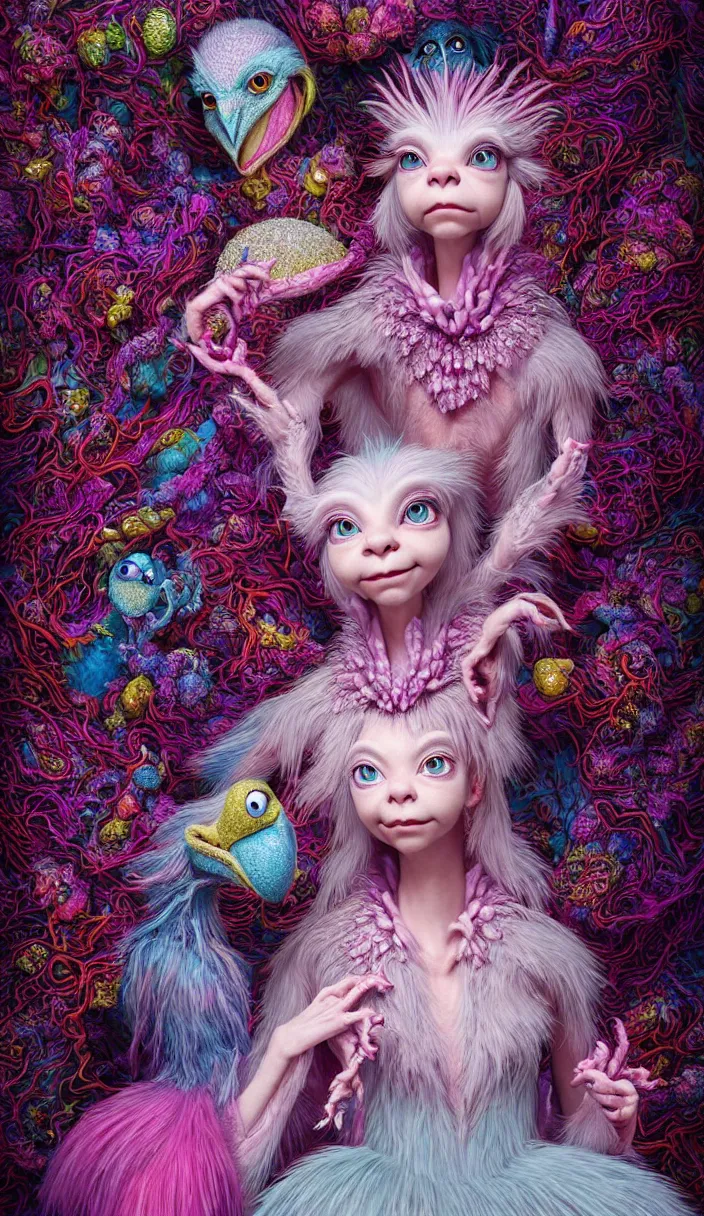 Image similar to hyper detailed 3d render like a Oil painting - kawaii portrait of quirky Aurora (a beautiful skeksis muppet fae queen from dark crystal that looks like Anya Taylor-Joy) seen red carpet photoshoot in UVIVF posing in scaly dress to Eat of the Strangling network of yellowcake aerochrome and milky Fruit and His delicate Hands hold of gossamer polyp blossoms bring iridescent fungal flowers whose spores black the foolish stars by Jacek Yerka, Ilya Kuvshinov, Mariusz Lewandowski, Houdini algorithmic generative render, Abstract brush strokes, Masterpiece, Edward Hopper and James Gilleard, Zdzislaw Beksinski, Mark Ryden, Wolfgang Lettl, hints of Yayoi Kasuma and Dr. Seuss, octane render, 8k