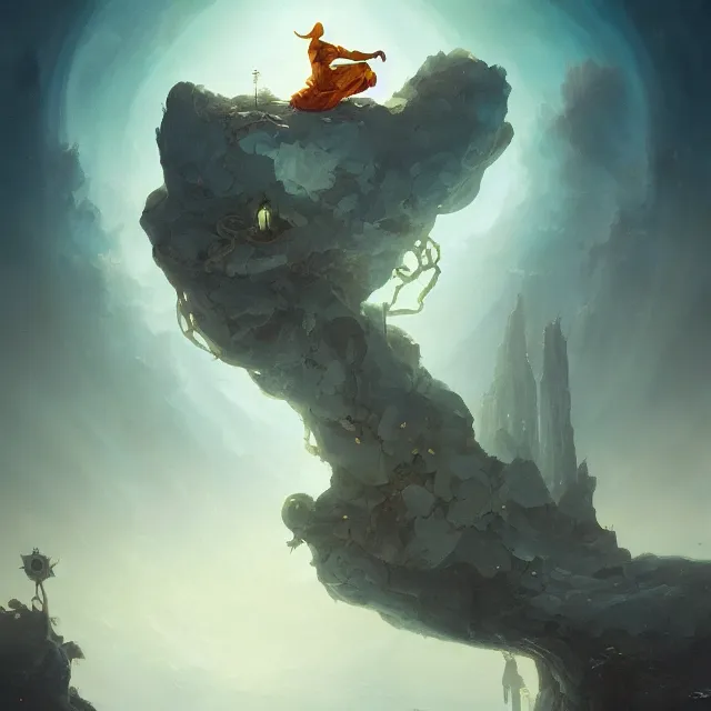 Image similar to in the style of peter mohrbacher, a glowing monk floating and meditating on a rock, dystopian landscape, intricate, masterpiece, award winning, fantasy, hyperrealism intricate