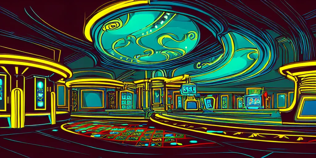 Prompt: extreme wide angle curly perspective digital art of indoor casino with a stage pale colors by anton fadeev from nightmare before christmas