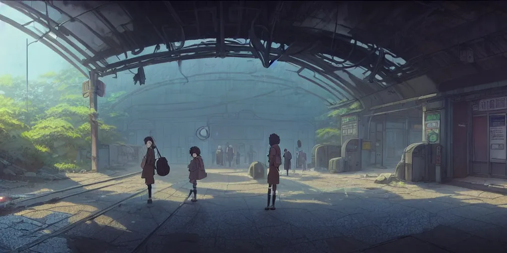 Prompt: a wholesome animation key shot of a post apocalyptic subway station, covered by nature hipster vibes by studio ghibli, animation, sharp, rendered in unreal engine 5, focused, anime key art by greg rutkowski, bloom, dramatic lighting