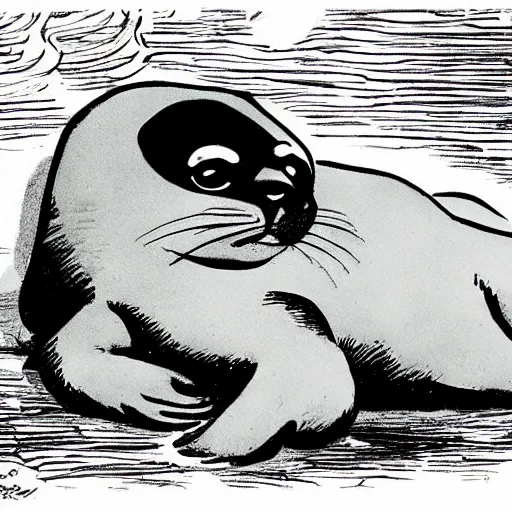Image similar to baby seal crying next to a broken pearl necklace, wide angle, comic book by frank miller