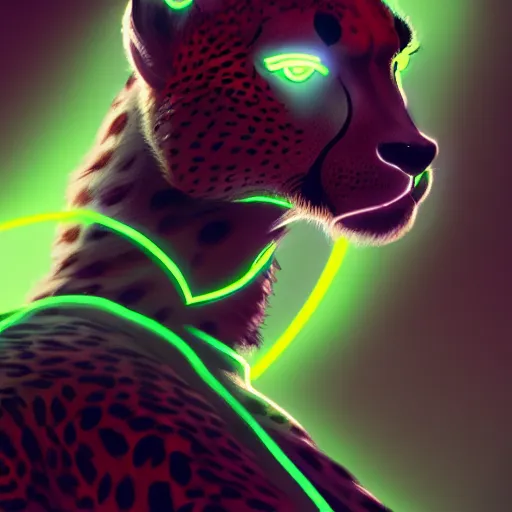 Image similar to a beautiful commission of a male anthropomorphic cheetah wearing a neon jacket,futuristic,detailed face,character design by charles bowater,mohawk,cyberpunk style,deviantart,artstation,art by greg rutkowski,ross tran,professional lighting,neon city,night,raytracing,rtx,highly realistic,4k