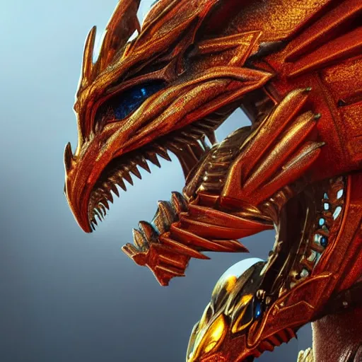 Prompt: a highly detailed close-up bust, of a beautiful majestic anthropomorphic robot female dragon, with smooth and streamlined mechanical armor, standing and posing elegantly in front of the camera, well detailed head with soft LED eyes, sharp teeth, two arms, artstation, DeviantArt, professional, octane render, sunset lighting