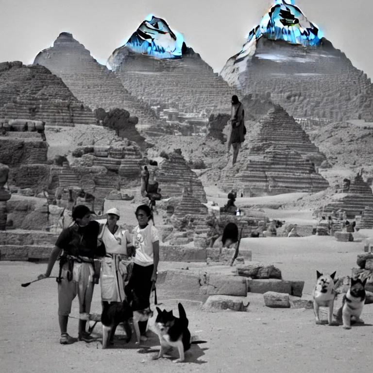 Image similar to black and white photo of explorers finding egypt's famous shiba inu temple