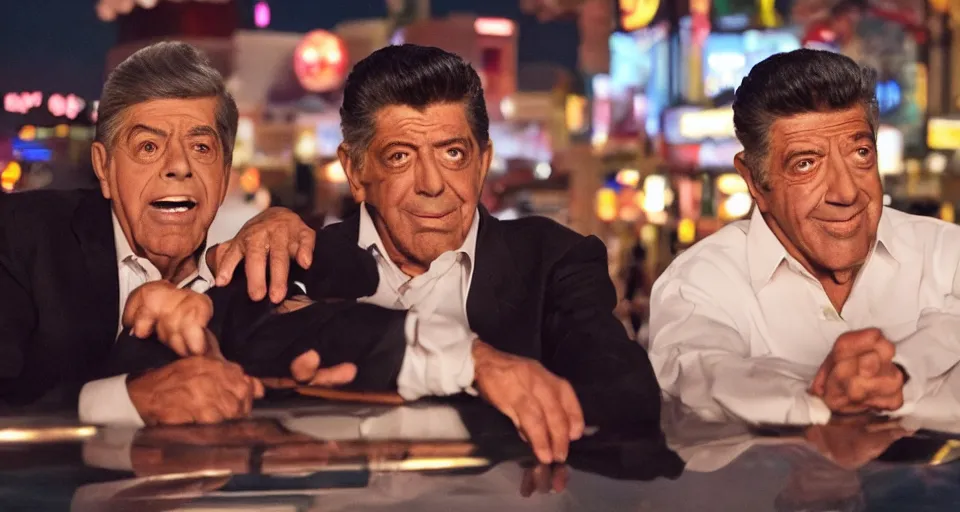 Image similar to first image comedy heist movie starring jerry lewis and dean martin, sundance official selection. shot on the las vegas strip with alexa mini, stunning cinematography, golden hour, filmgrain.