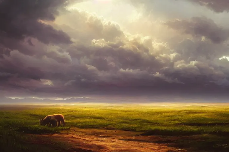 Image similar to Storm brooding over the plains, matte painting by Sylvain Sarrailh. Bright volumetric sunlight