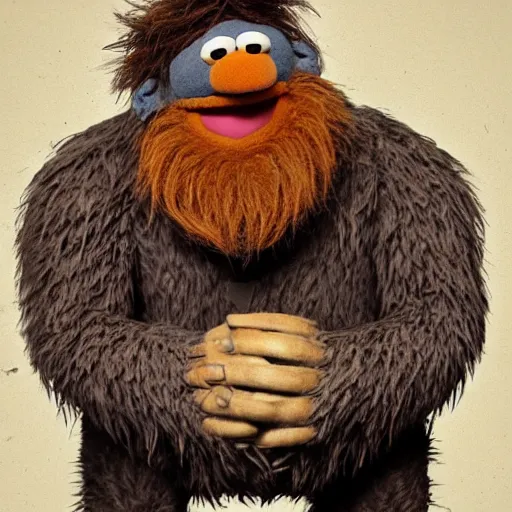 Image similar to a still of a forgotten muppet character looking very manly and modern, hilarious, laughing, hairy chest, huge chin, manly monster tough guy, roughled fur, photo real, photographic, photograph, artstation, trending, featured