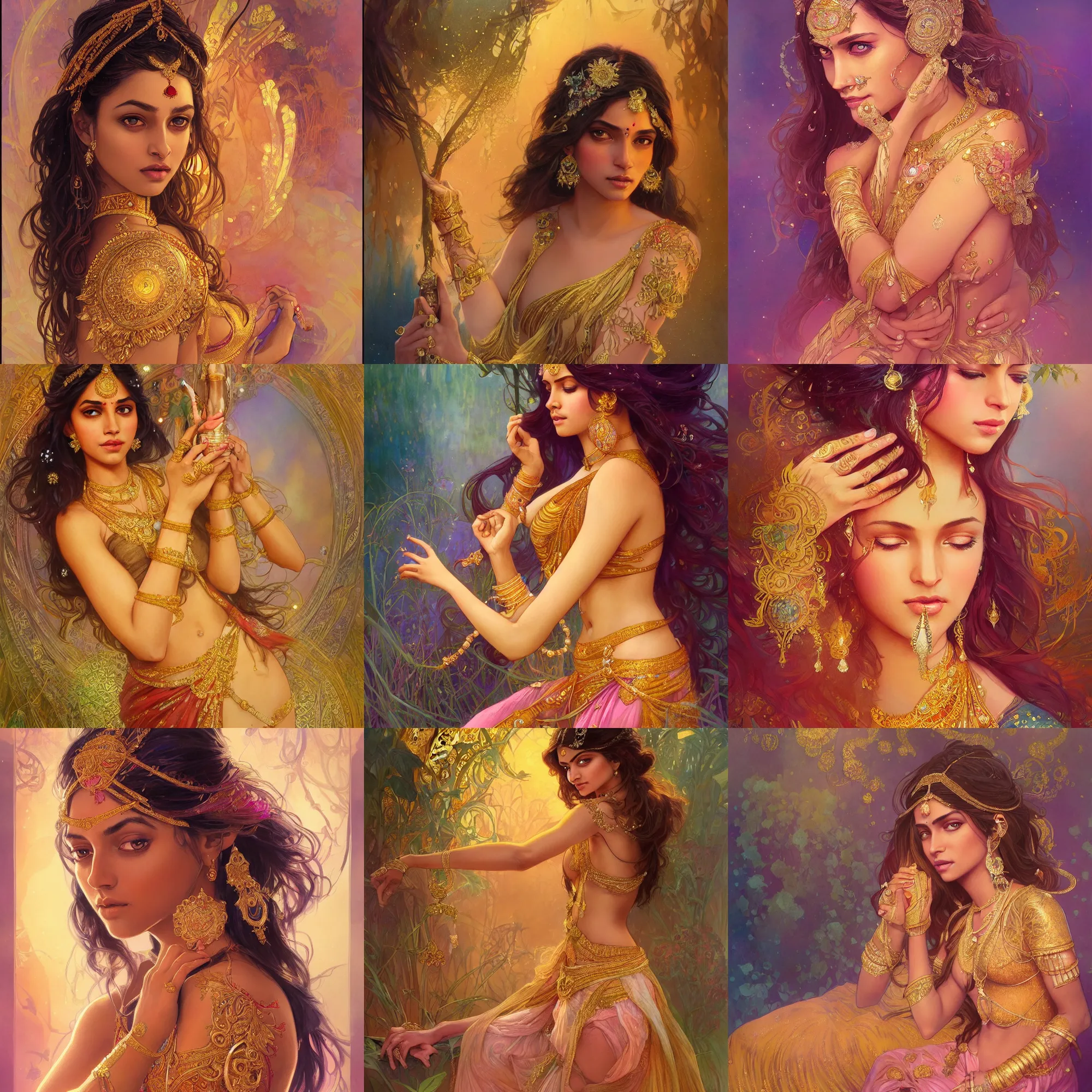 Prompt: beautiful seductive indian princess with sparkling eyes, full body portrait, highly detailed, revealing gold filigree, fantasy, soft cinematic lighting, award, disney concept art, watercolor illustration by mandy jurgens and alphonse mucha and alena aenami, pastel color palette, featured on artstation