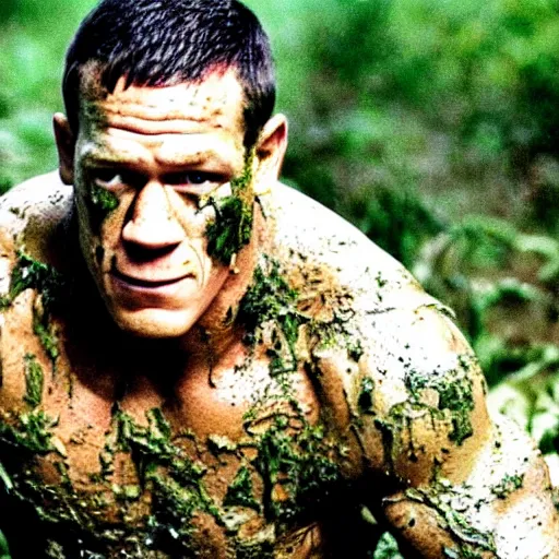 Image similar to film still of john cena as major dutch, covered in mud, hiding from the predator in swamp scene in 1 9 8 7 movie predator, hd, 8 k