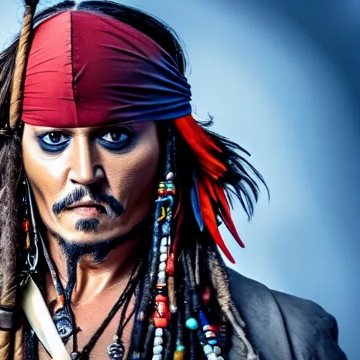 Image similar to johnny depp as jack sparrow with a parrot on the shoulder, realistic portrait, 8k resolution, hyper detailed, studio lighting, cinematic