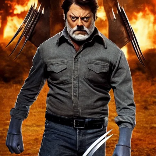 Image similar to logan pictured as nick offerman in wolverine x - men suit, marvel movie still, detailed 8 k, imdb poster style