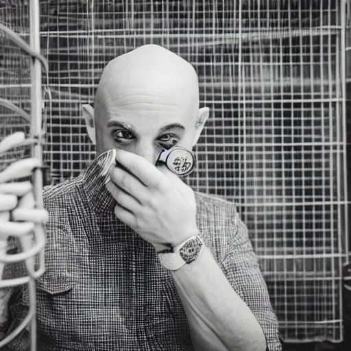 Image similar to bald white man wearing a monkey suit inside a cage. 5 0 mm f 5. 7