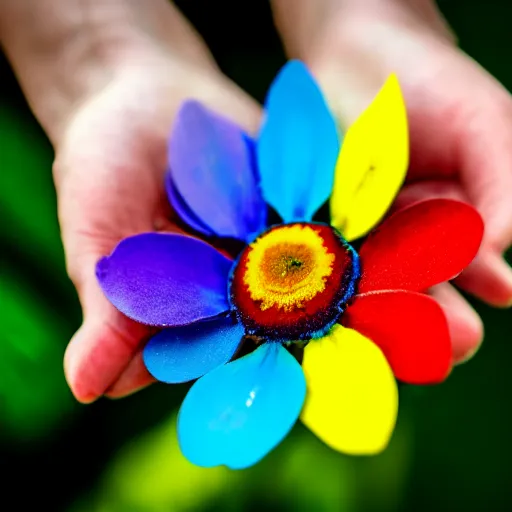 Image similar to closeup photo of rainbow - colored flower with 7 petals, held by hand, shallow depth of field, cinematic, 8 0 mm, f 1. 8