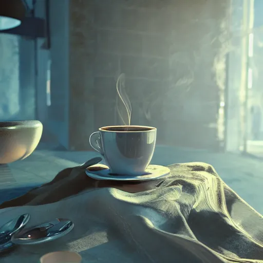 Image similar to : sloppy old cup of coffee with fluid flyingout the cup ,hyper detailed art station  parabolic lighting unrealengine ,cinematic, hyper realism, high detail, octane render, 8k