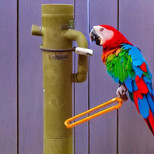 Prompt: a parrot drinking a beer from a garden hose,