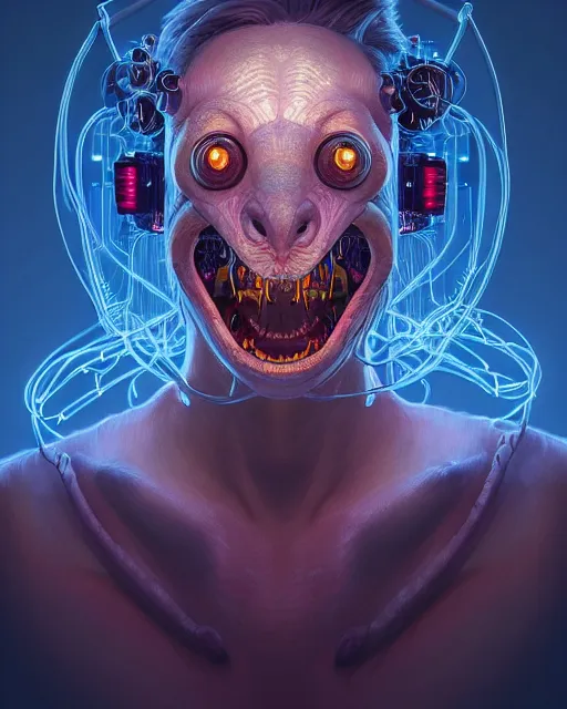 Image similar to portrait of a cute monster, male, bioluminescent, wires, horror, happy, highly detailed, digital painting, cinematic, hyperrealism, dark retrowave, art by stanley lau and artgerm and magali villeneuve and alphonse mucha, artstation, octane render, cgsociety